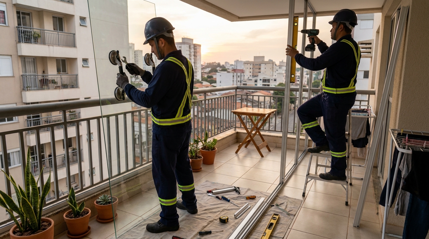Instalação de parede de vidro em sacada em Uberaba-MG