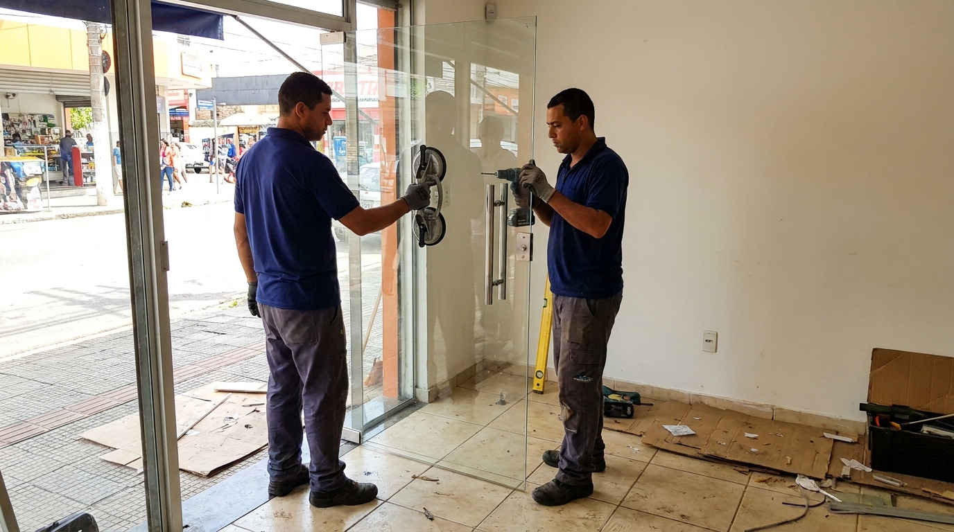Porta de vidro de loja em rua movimentada em Uberaba-MG